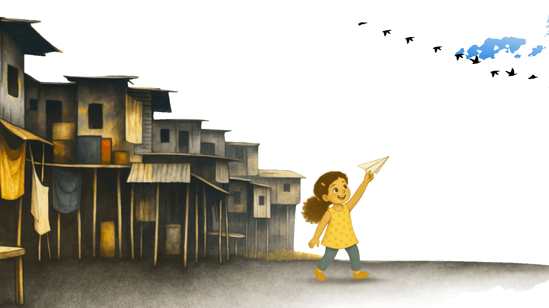 A playful kid walking out of slums, representing hope and opportunity for government school students